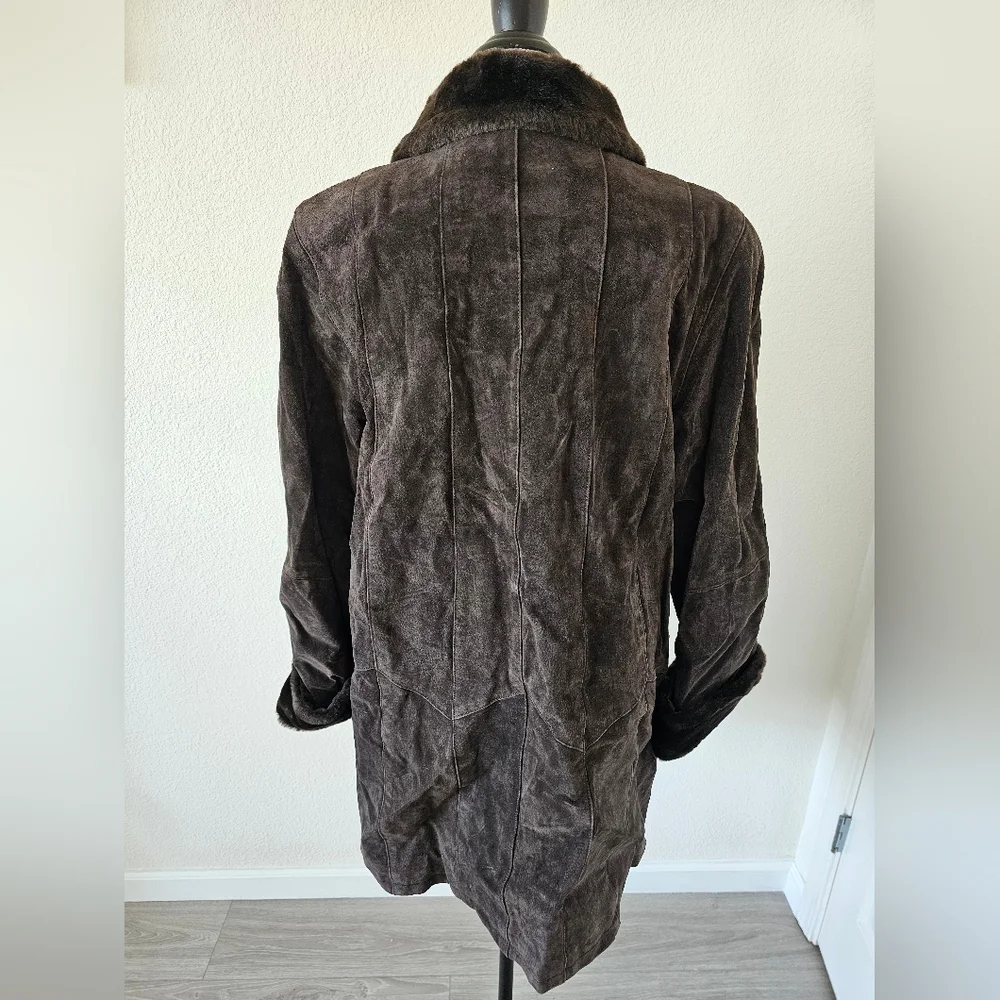Vintage Inspired Gallery Brown Leather Coat Faux Fur Collar Cuffs Dark Academia